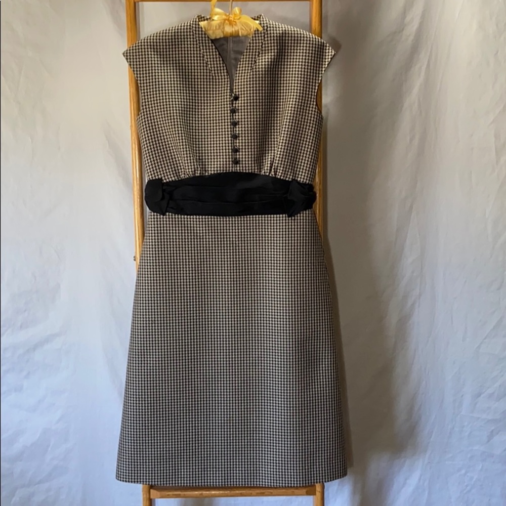 Brown houndstooth dress with button and bow detail